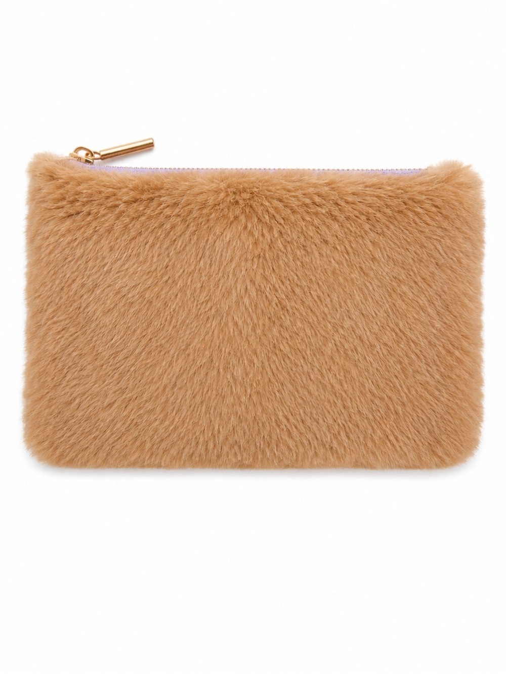 Faux Fur Zip Pouch in Camel with Purple Gem Zipper Pull